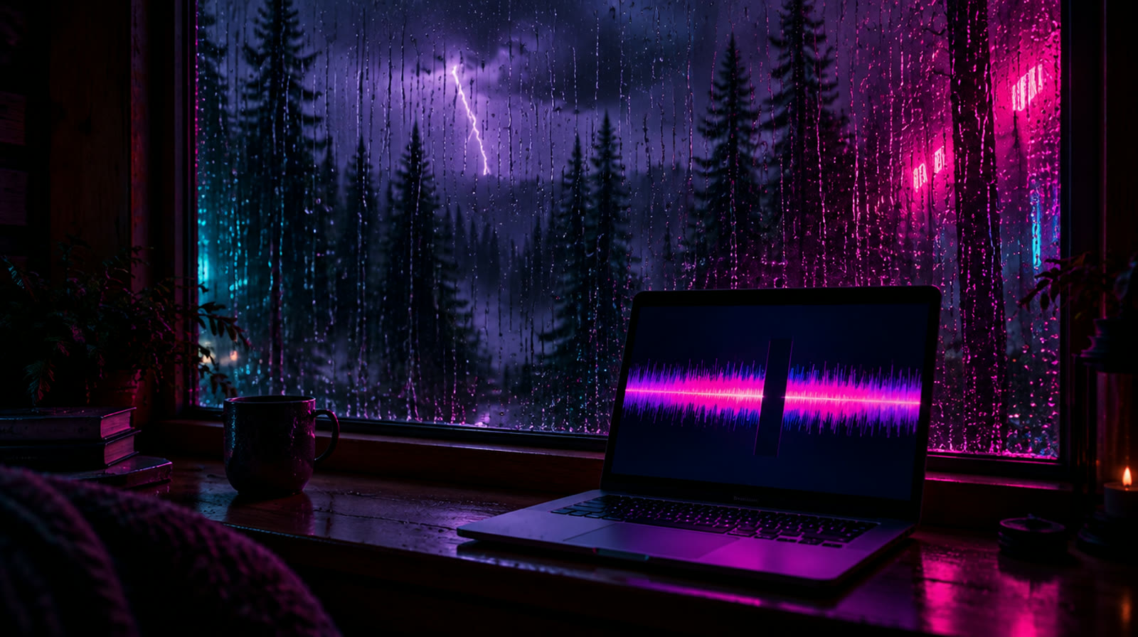 Una ventana de noche durante una tormenta, con la lluvia corriendo por el vidrio y un portátil en el alféizar que muestra una onda de sonido con un hueco, en neón morado y rosa