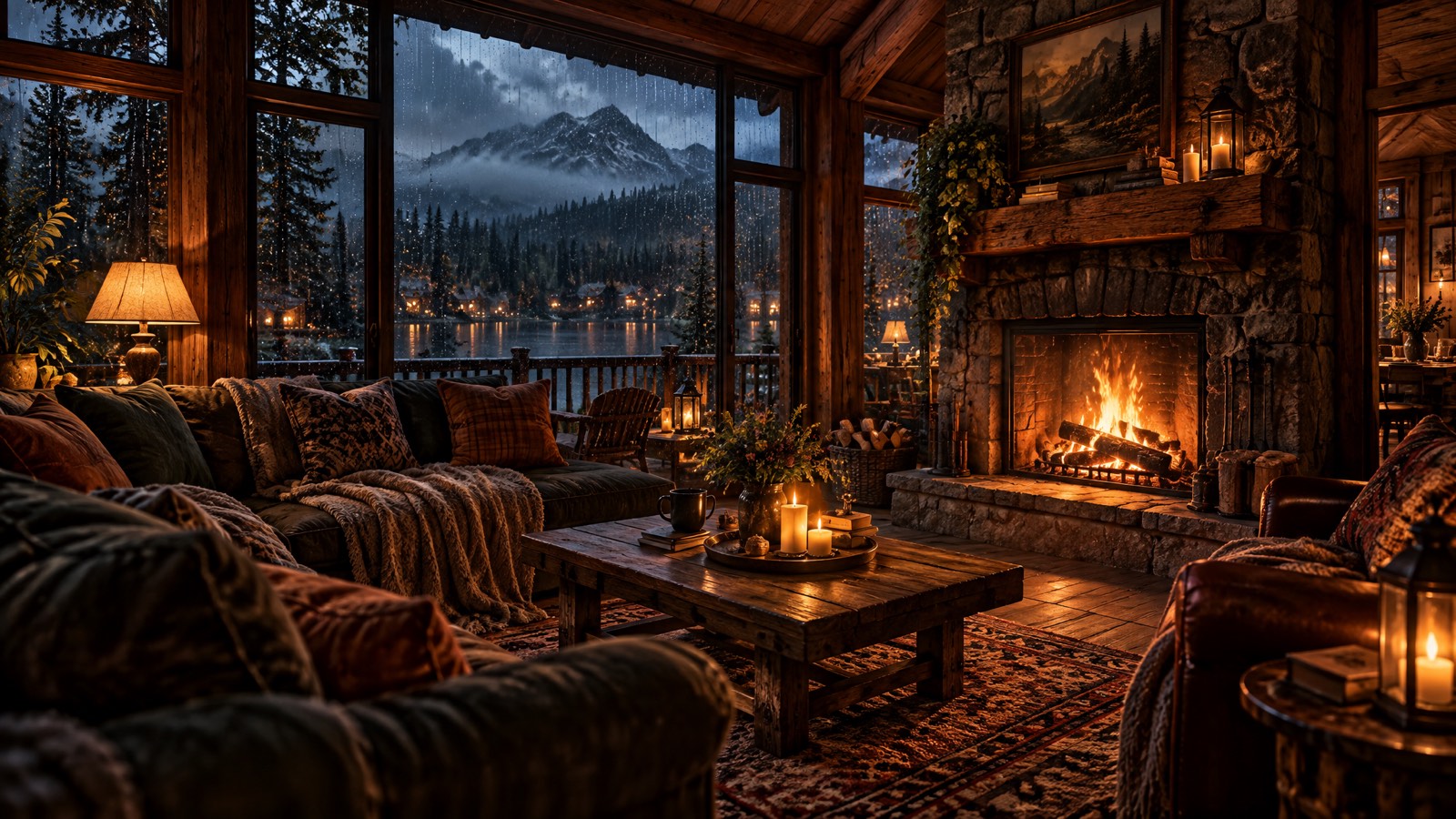 A cozy cabin with rain on the windows and a fireplace, made with Every Mood Studio