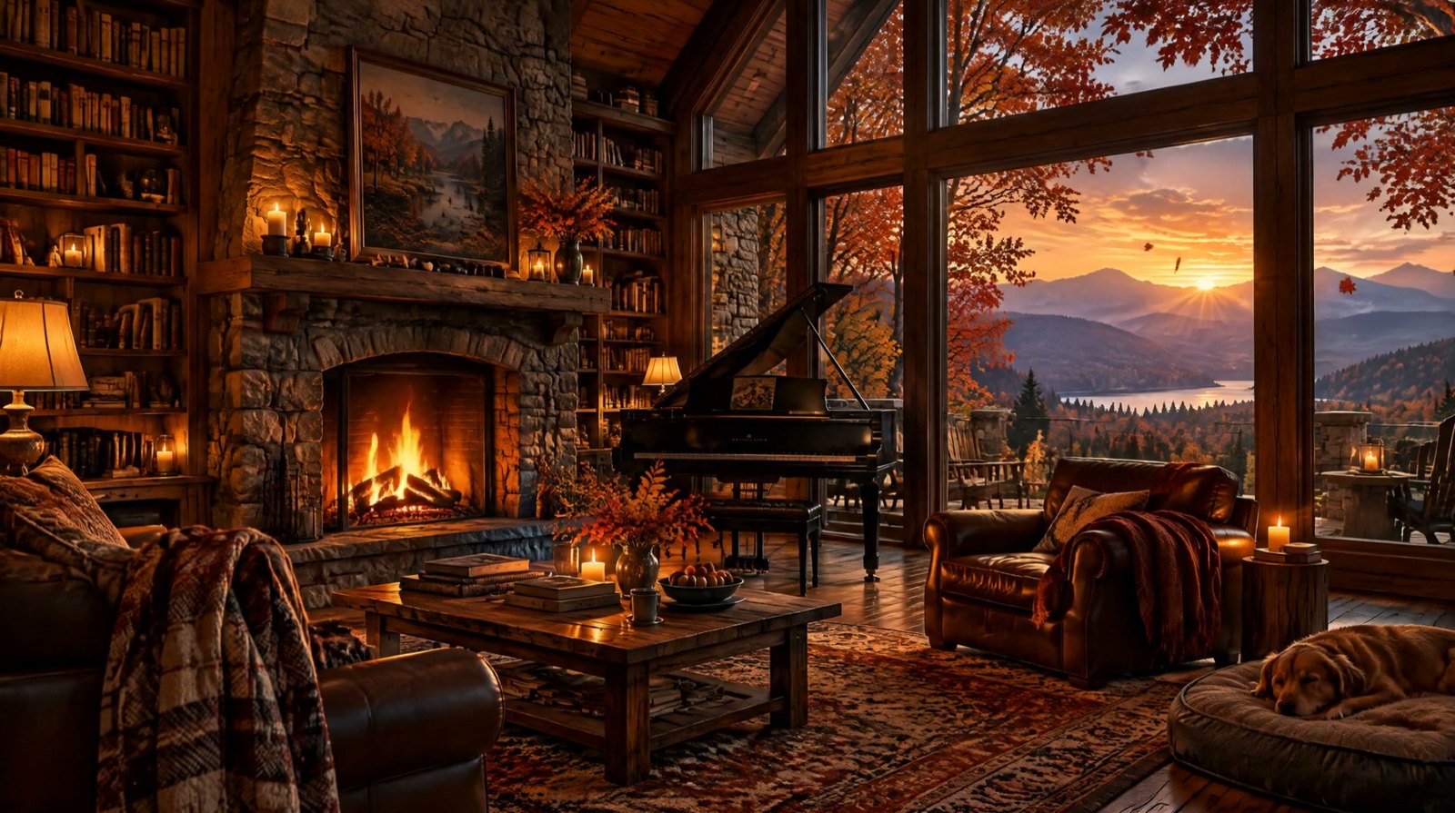 Una cabaña acogedora al atardecer: un piano de cola junto a una chimenea de piedra y un gran ventanal con montañas otoñales y un lago