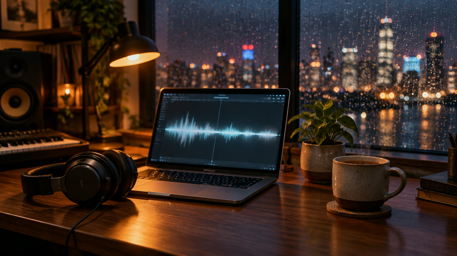 A cozy studio desk at night with headphones, a laptop showing an audio waveform and a window with rain