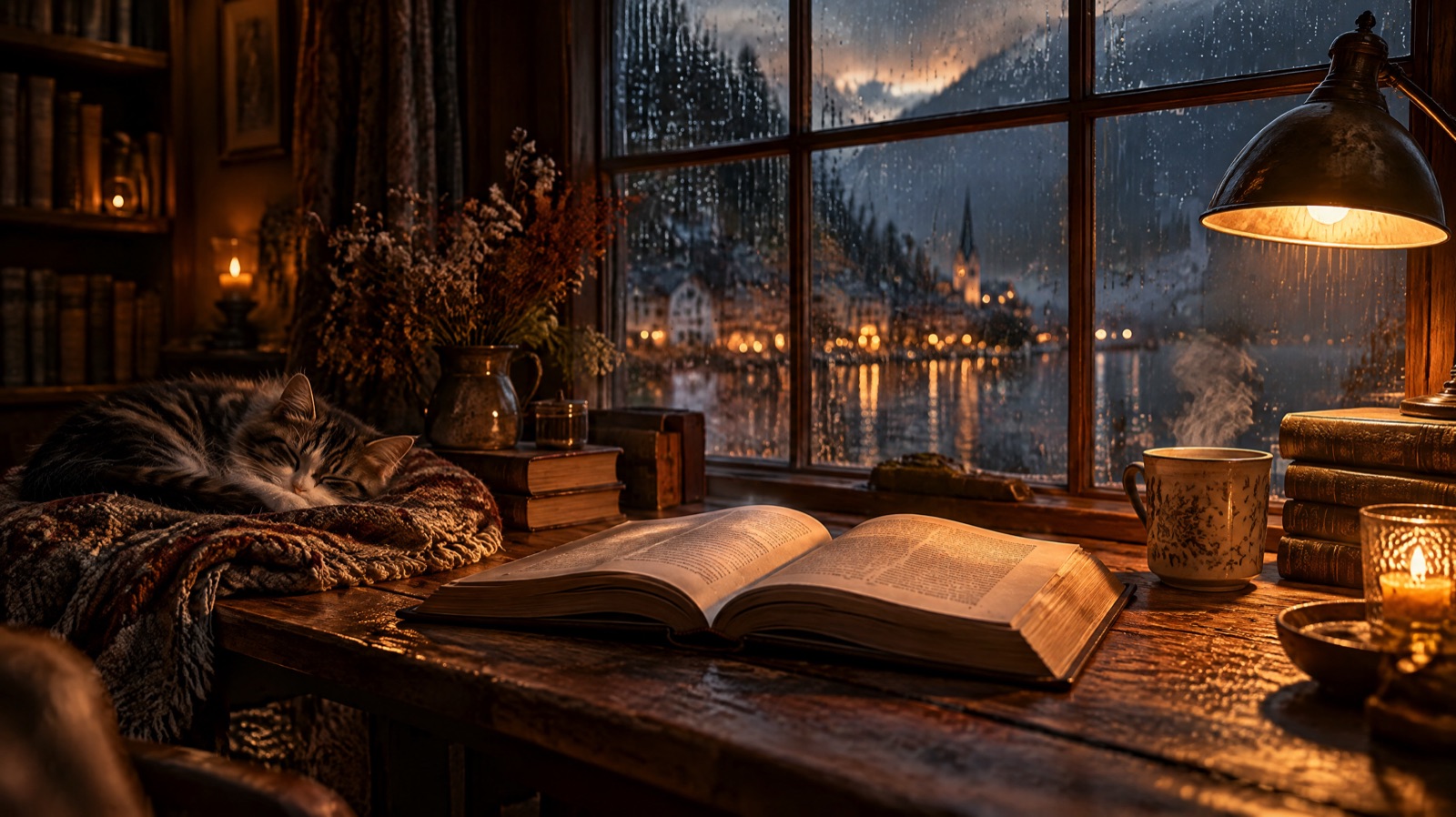 A rainy window by a reading desk in the evening, made with Every Mood Studio