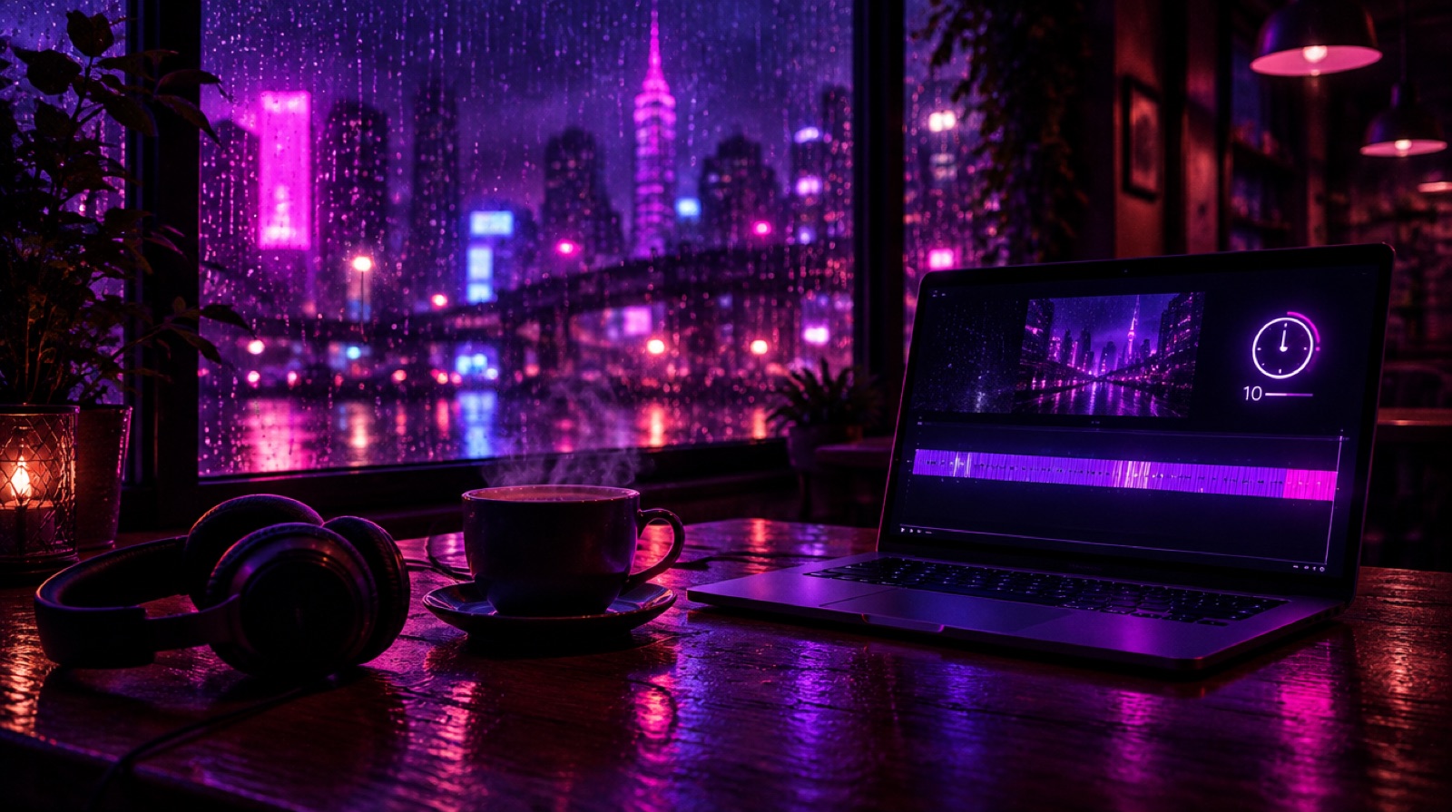 Rainy night café with headphones and a laptop showing a long lo-fi video timeline