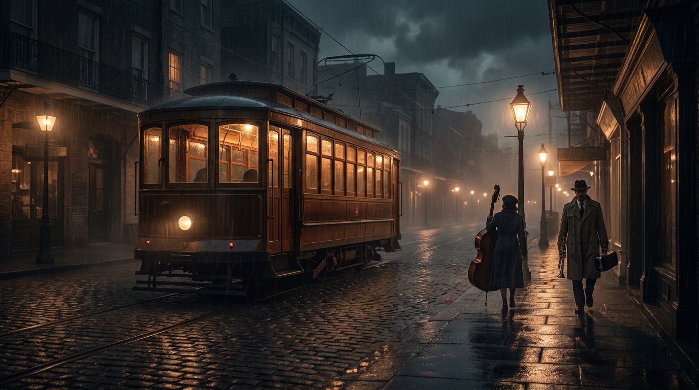 Трамвай 1940-х в октябрьском дожде ночью, сделано в Every Mood Studio