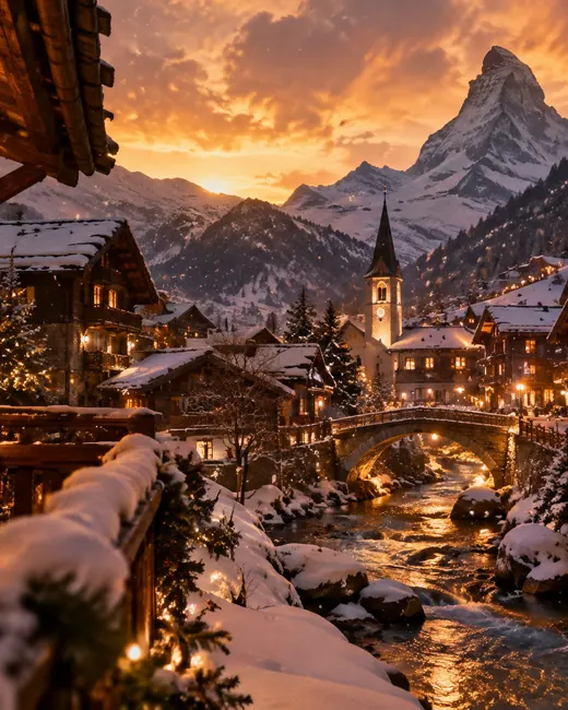 Un pueblo alpino nevado al atardecer