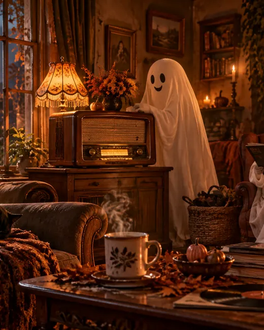 Un salón acogedor de Halloween con fantasmas amables