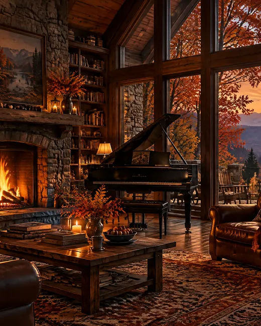 Una biblioteca de cabaña en octubre, con chimenea y piano