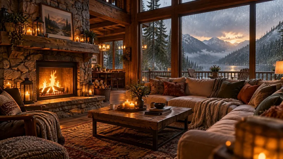 Cozy Autumn Cabin Rain & Fireplace 🔥 Ambience for Sleep & Reading